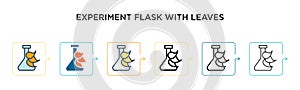 Experiment flask with leaves symbol vector icon in 6 different modern styles. Black, two colored experiment flask with leaves
