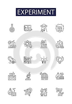 Experiment line vector icons and signs. Test, Assay, Tryout, Exercise, Trial, Analysis, Exploration, Prove outline photo