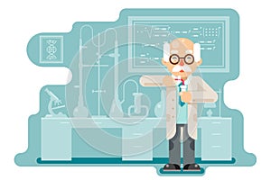 Experiment old wise smart scientist chemical laboratory transfuse chemical reagents test tubes flat design vector