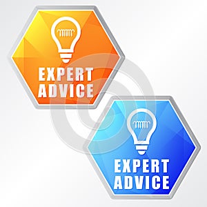Expert advice and bulb symbols, two colors hexagons web icons
