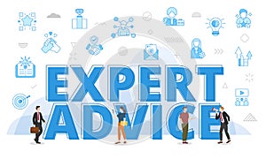 Expert advice concept with big words and people surrounded by related icon spreading with modern blue color style
