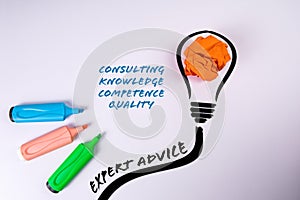 Expert Advice Concept. Colored markers and a crumpled sheet of paper on a white background