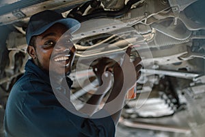 An expert African auto mechanic sprays lubricant on a repaired engine