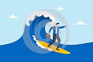 Expert businessman surfing or riding wave to success direction, illustrating following business trends and momentum
