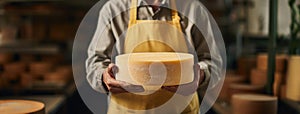 Expert cheesemaker displays a beautifully crafted cheese wheel with confidence. cheese in hands
