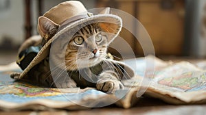 Expert explorer cat, adorably suited, ancient map in focus, wideeyed wonder , minimalist