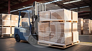 Expert forklift operator loading cardboard boxes with stacker loader in busy warehouse