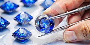 Expert Gemologist Analyzes a Pristine Blue Sapphire Using Advanced Instruments A CloseUp Look at Precision Gemological photo