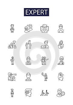 Expert line vector icons and signs. proficient, adroit, adept, masterful, savvy, knowledgeable, sage, erudite outline photo
