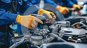 Expert mechanic s skilled hands repairing car at professional auto service center