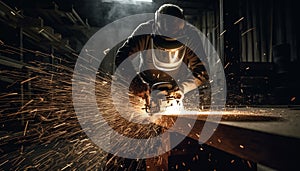 Expert metalworker uses welding equipment to cut and shape steel generated by AI