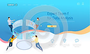 Expert Team for Data Analysis. Isometric Business Data Analytics process management or intelligence dashboard on the