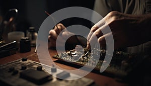 Expert technician disassembling computer chip with soldering iron and tweezers generated by AI