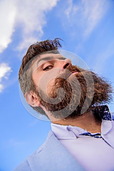 Expert tips for growing moustache. Man bearded hipster with mustache sky background. Check out my long beard. Ultimate