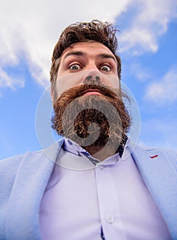 Expert tips for growing moustache. Man bearded hipster with mustache sky background. Ultimate moustache grooming guide