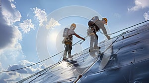 Expert Workers Execute Rope Access Techniques, Clipping into Safety Systems on an Oil Tank Dome at the Construction Site