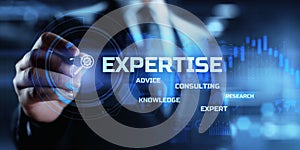 Expertise, expert, consulting, knowledge, advice. Business and development concept. Businessman pressing button