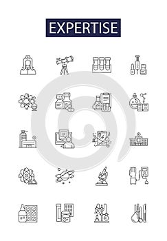 Expertise line vector icons and signs. Skilled, Master, Proficient, Savvy, Expert, Know-how, Capability, Proficience photo