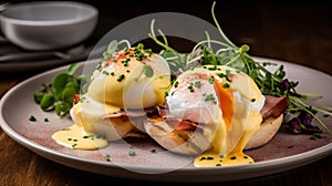 Expertly arranged eggs Benedict dish photo
