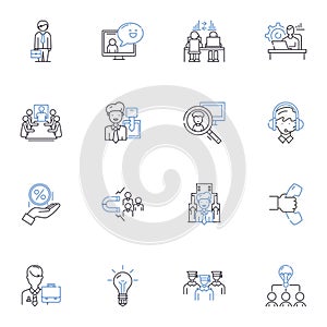Experts line icons collection. Proficient, Skilled, Experienced, Knowledgeable, Specialists, Masters, Gurus vector and photo