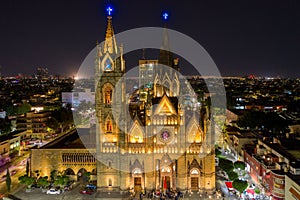 Expiatory Cathedral at Night. Guadalajara, Jalisco, Mexico. Drone View