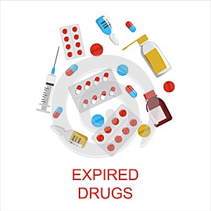 Expired drugs set  isolated. Separate your garbage