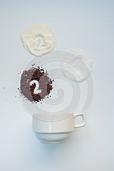 Explained hot coffee ratio Ingredients mix isolated white background. Coffee, Sugar, Creamer