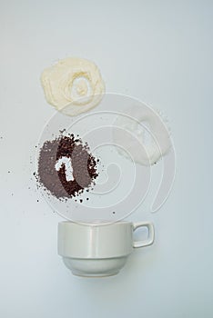 Explained hot coffee ratio Ingredients mix isolated white background. Coffee, Sugar, Creamer