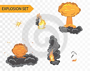 Explode animation effect. Vector cartoon explosion set on alpha background.