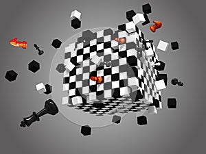 Exploded chess cube on gray background