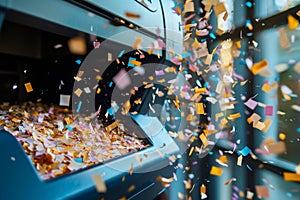 Exploding paper shredder with vibrant flying fragments