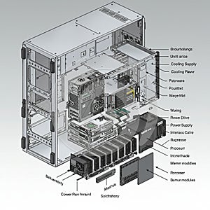 Exploded view of a computer server showcasing various labeled components. The