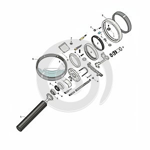 Exploded view of a mechanical assembly, showcasing various components such as
