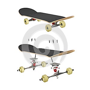 Exploded view of skateboard with all components in white background. 3d rendering.