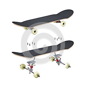Exploded view of skateboard with all components in white background. 3d rendering.