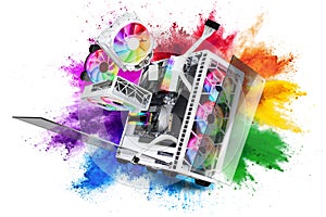 Exploded view of white gaming pc computer with glass windows and rainbow rgb LED lights. Flying hardware components in front of photo