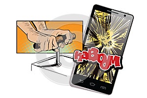 Explodes smartphone. Man pushes detonator for tnt.