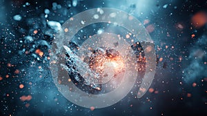 Exploding asteroid with fiery particles in outer space