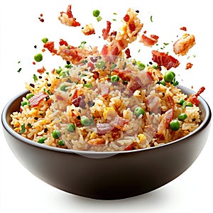 Exploding bacon fried rice food delicious flavorful.