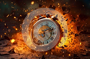 Exploding big clock in the dark, broken and lost time concept, realistic design illustration, generative ai