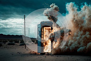 Exploding blue phonebooth in the middle of desert, Generative AI photo