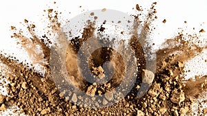 Exploding brown powder cloud with chunks isolated on white background