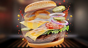 Exploding Burger with Flying Ingredients on a Grill Background