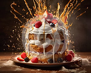 Exploding cake with splashes on dark background.
