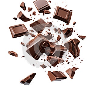 Exploding Chocolate Pieces. Dynamic Confectionery Concept Isolated On Transparent Background