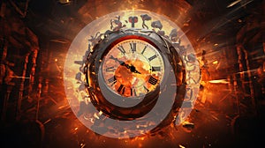 Exploding clock with roman numerals in a fiery backdrop. Concept of urgency, time running out, and dramatic moment