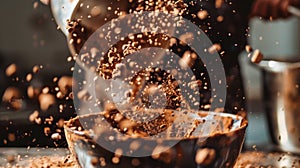 Exploding cocoa powder with coffee cup