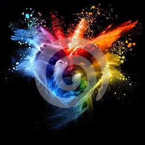 Exploding Colorful Heart on Black Background. Generative ai