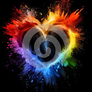 Exploding Colorful Heart on Black Background. Generative ai