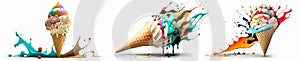 Exploding Colorful Splash Ice Cream Collection With Waffle On White Background - Generative AI